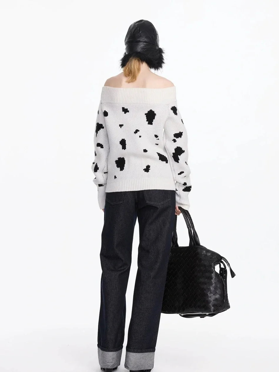 Spotted Dog Off Shoulder Knit Sweater