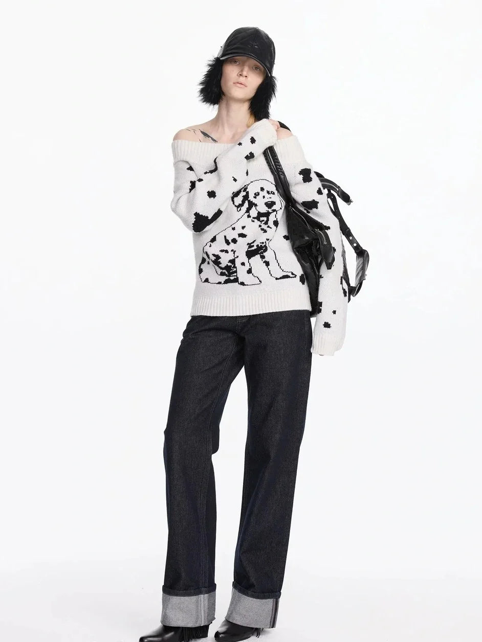 Spotted Dog Off Shoulder Knit Sweater