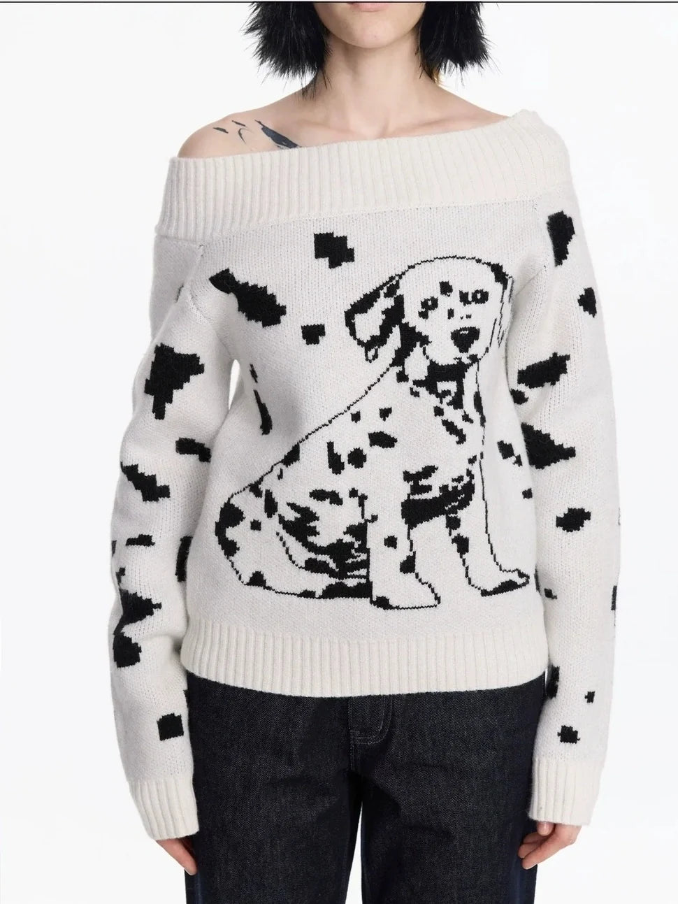 Spotted Dog Off Shoulder Knit Sweater