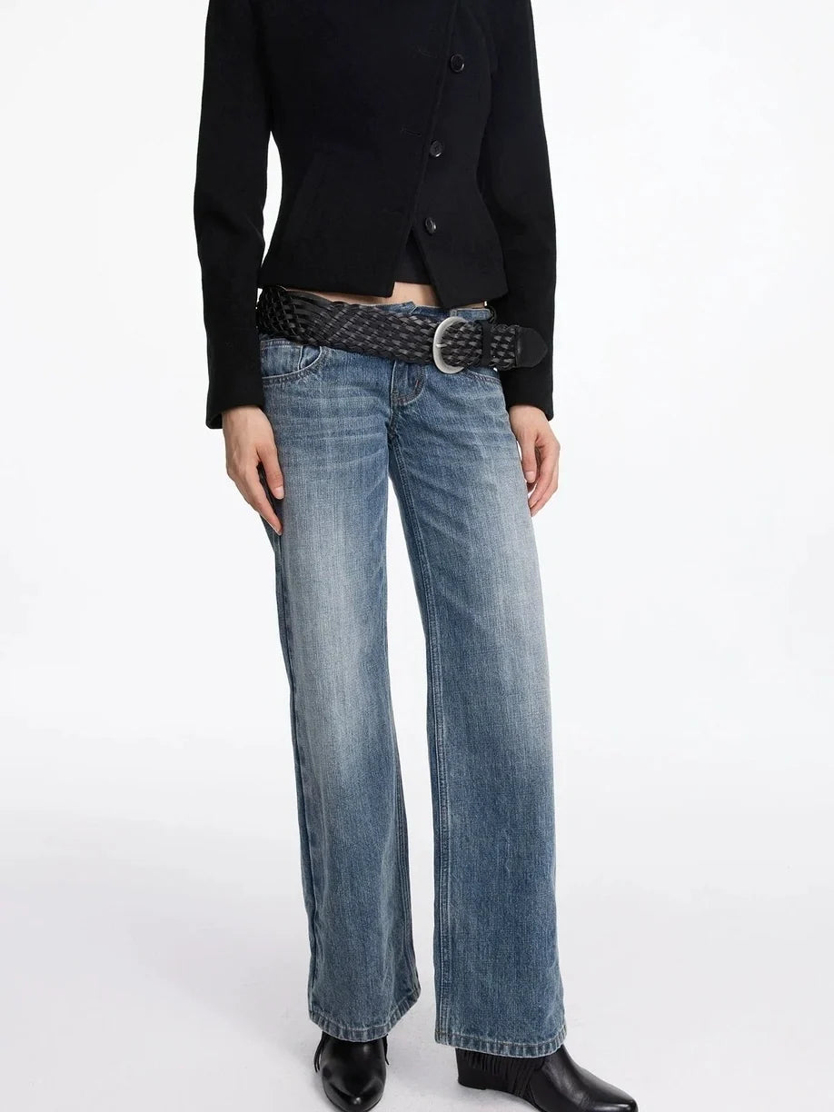 Stonewashed Straight Leg Low Rise Jeans
