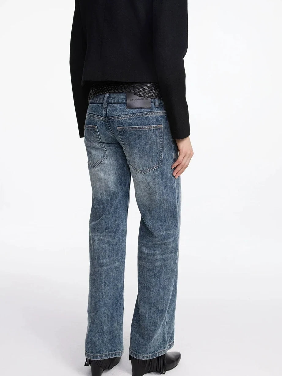 Stonewashed Straight Leg Low Rise Jeans