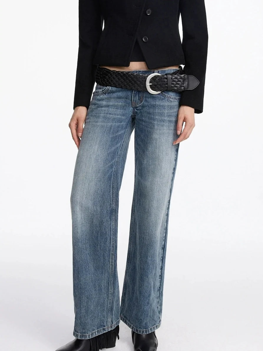 Stonewashed Straight Leg Low Rise Jeans