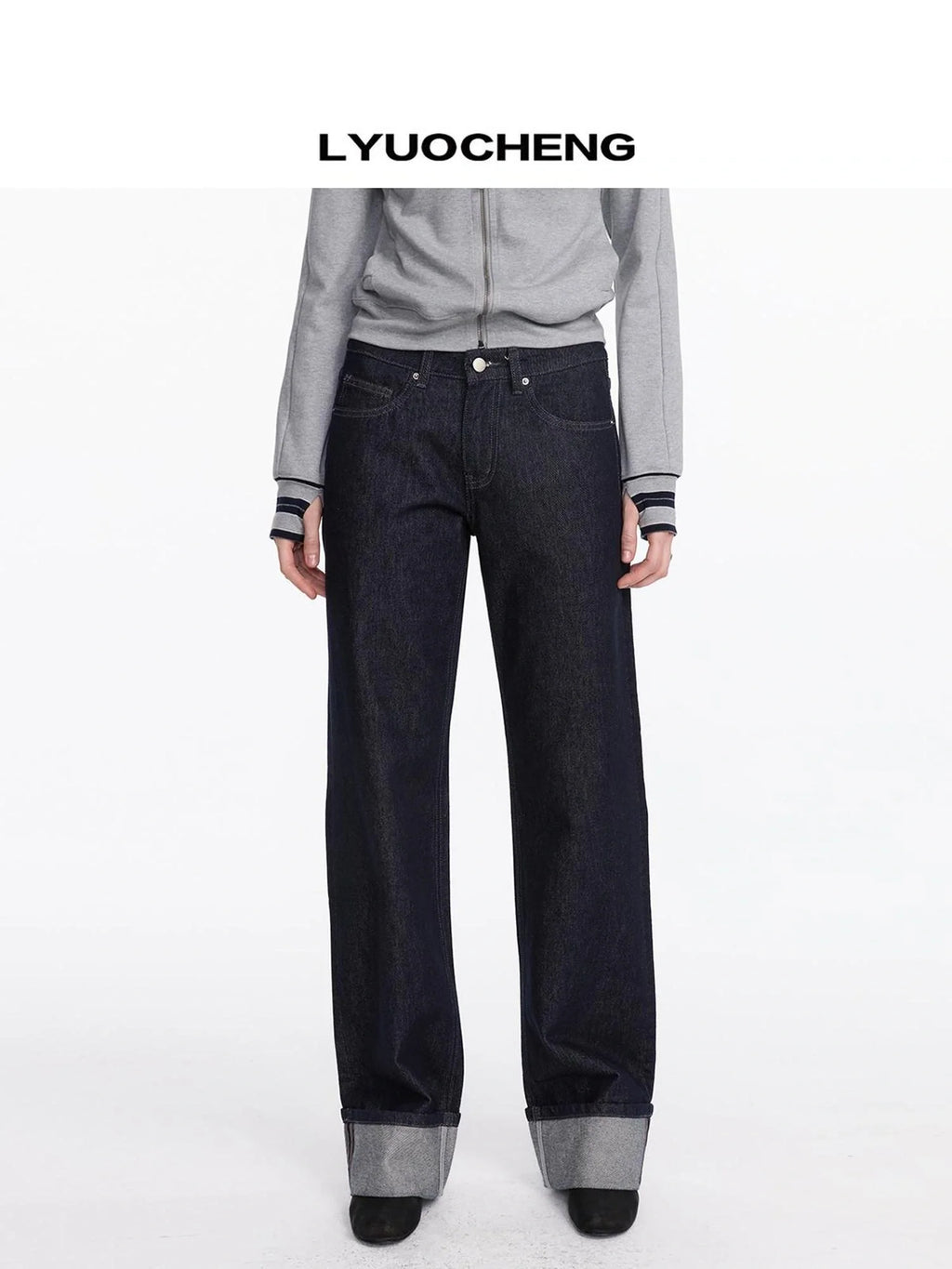 Straight Leg Cuffed Raw Denim Jeans