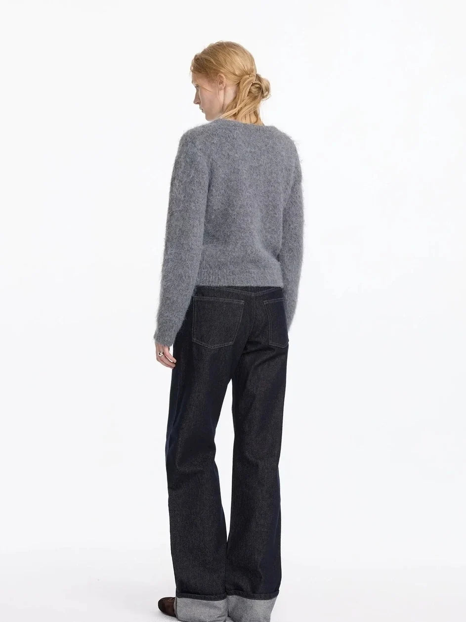 Straight Leg Cuffed Raw Denim Jeans