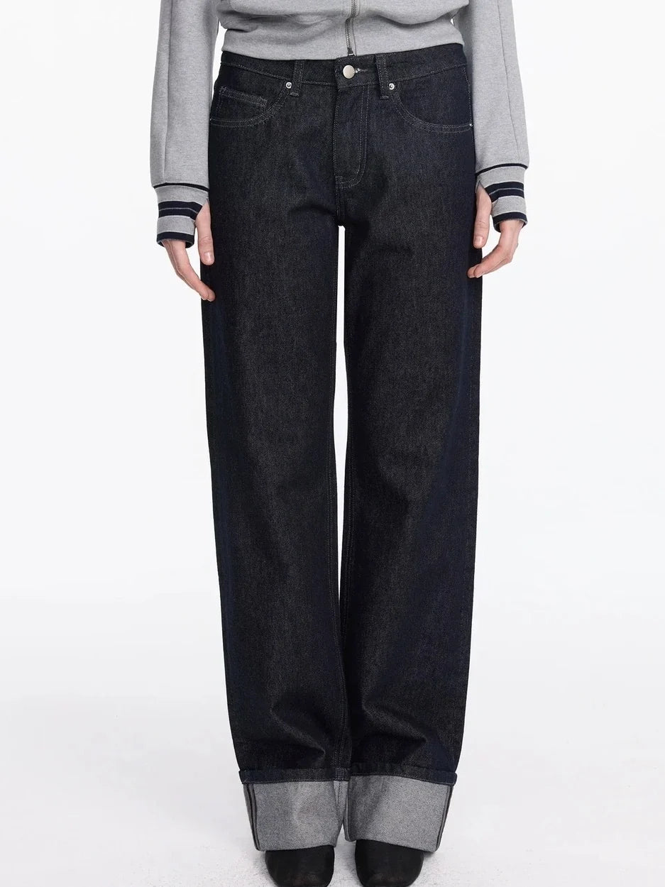 Straight Leg Cuffed Raw Denim Jeans
