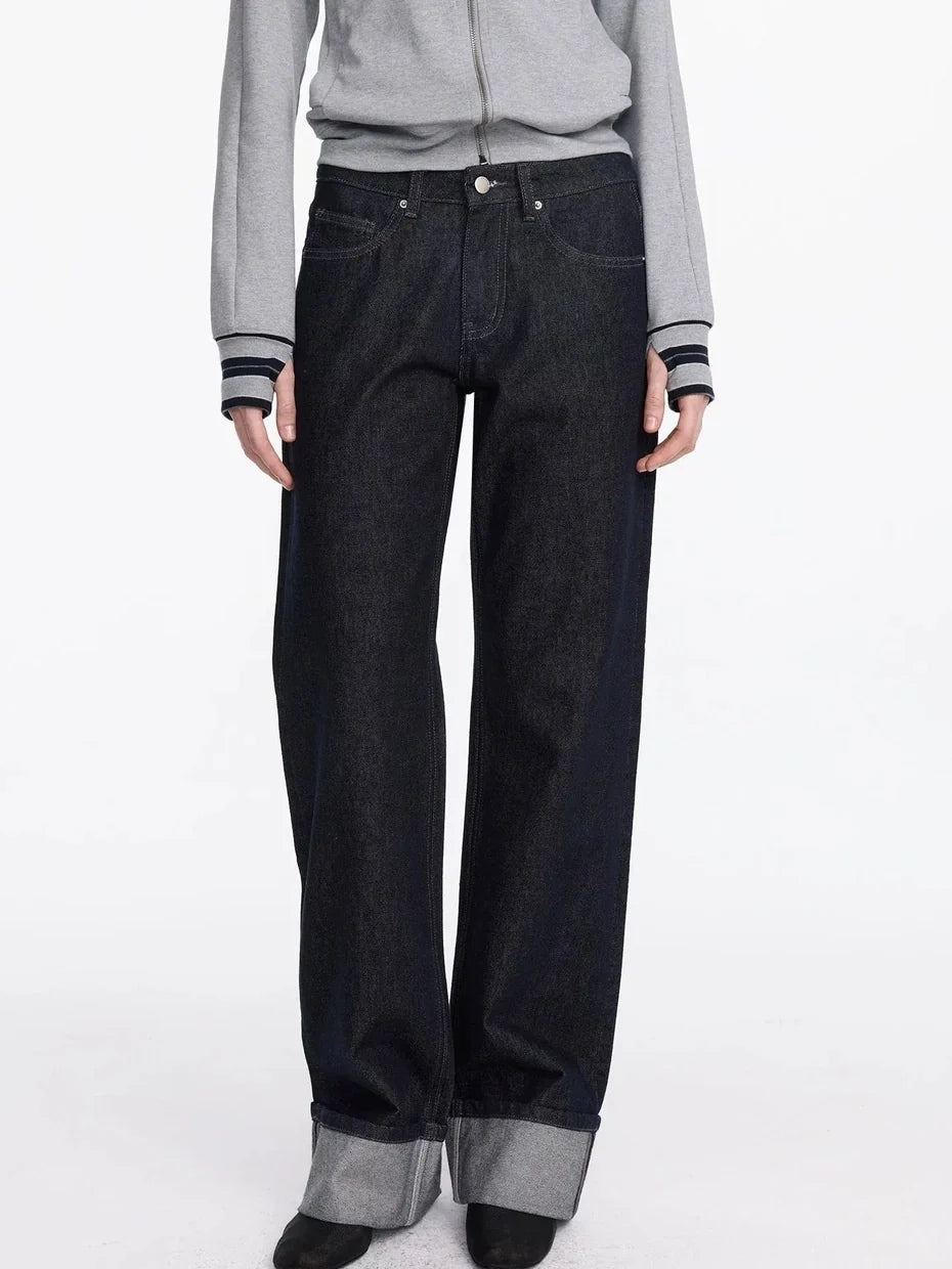 Straight Leg Cuffed Raw Denim Jeans