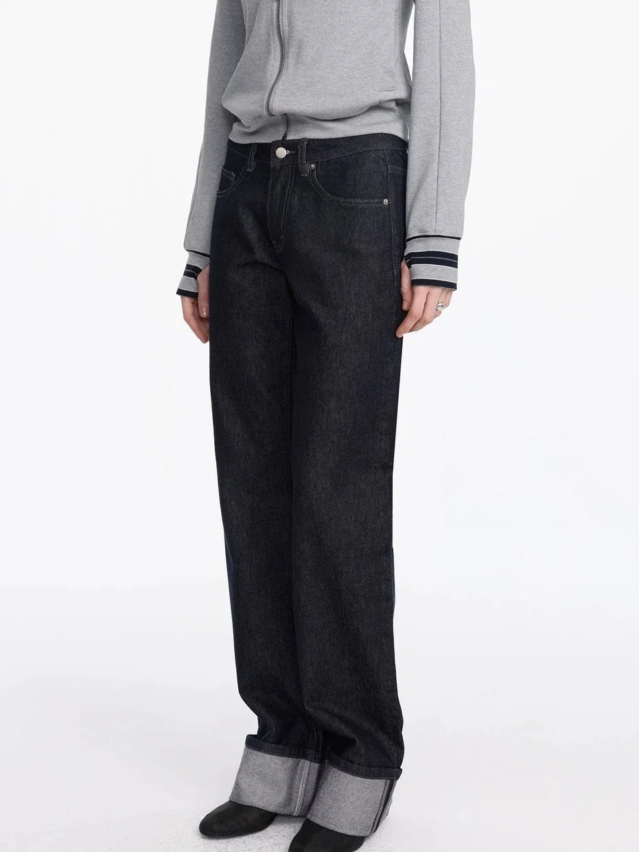 Straight Leg Cuffed Raw Denim Jeans