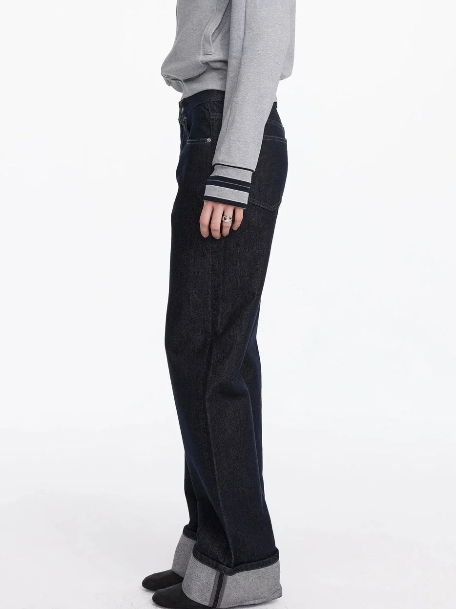 Straight Leg Cuffed Raw Denim Jeans