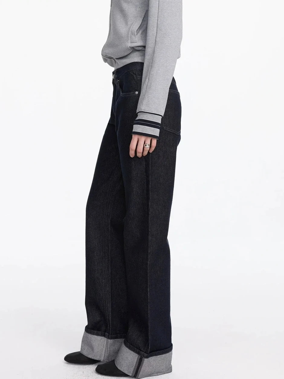 Straight Leg Cuffed Raw Denim Jeans