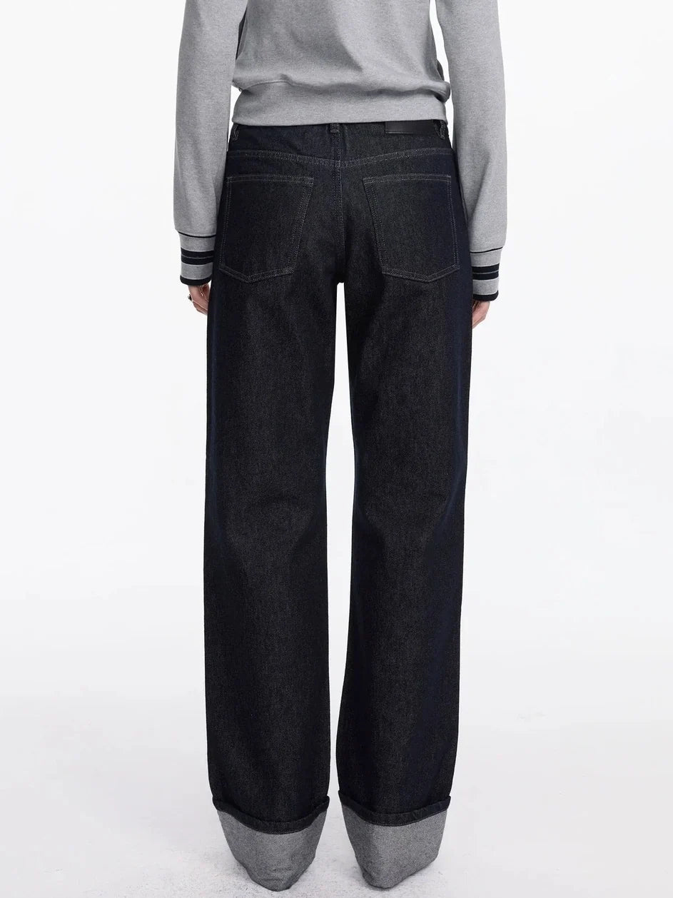 Straight Leg Cuffed Raw Denim Jeans