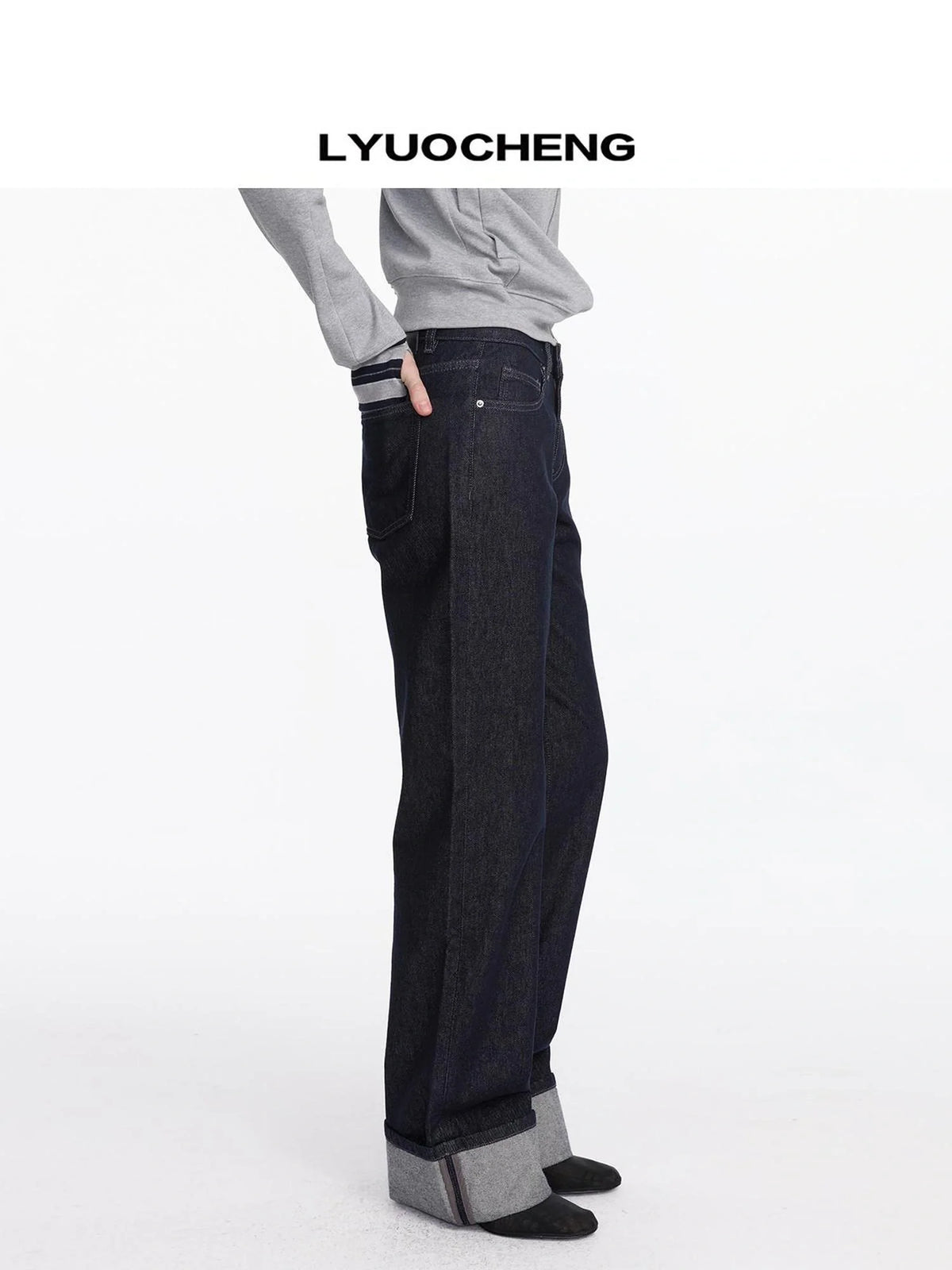 Straight Leg Cuffed Raw Denim Jeans