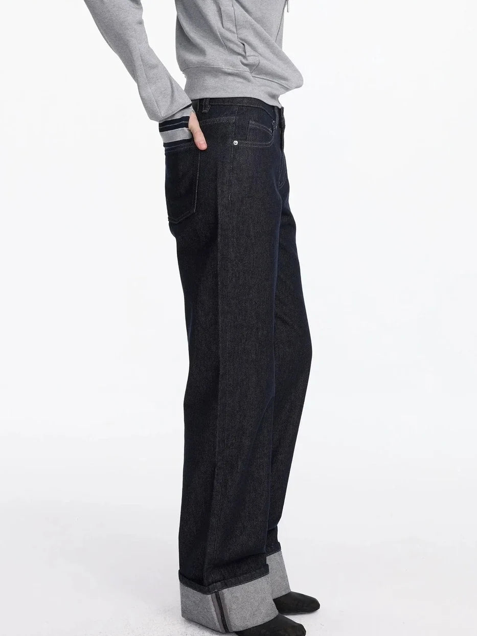 Straight Leg Cuffed Raw Denim Jeans