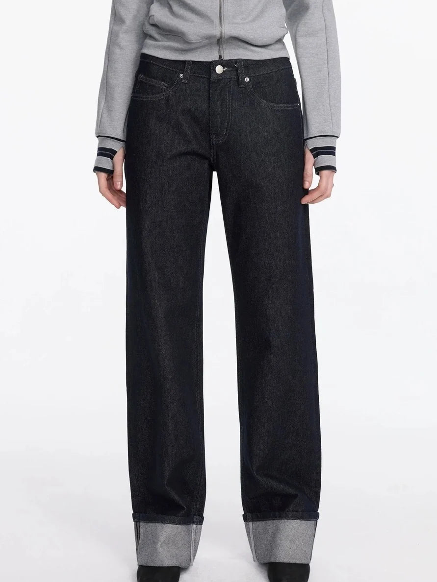 Straight Leg Cuffed Raw Denim Jeans
