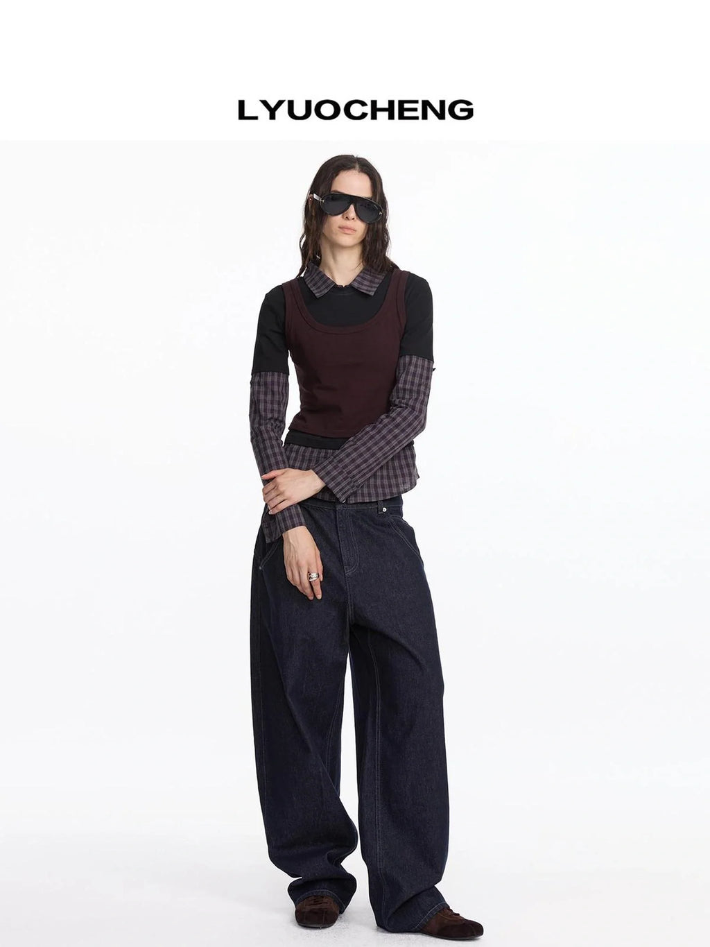 Three Piece Layered Plaid Polo Long Sleeve Top