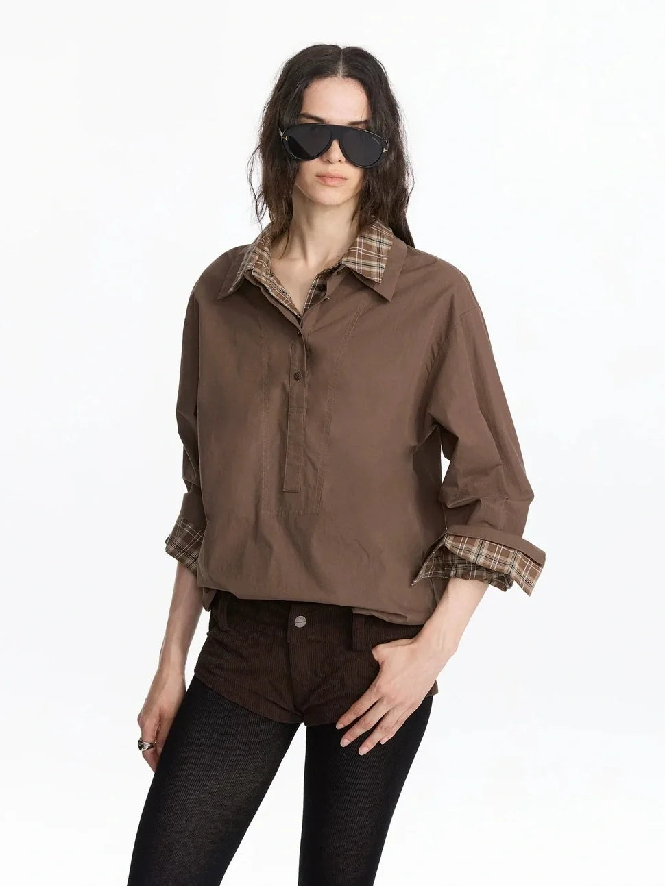 Two Tone Checkerboard Layered Long Sleeve Shirt