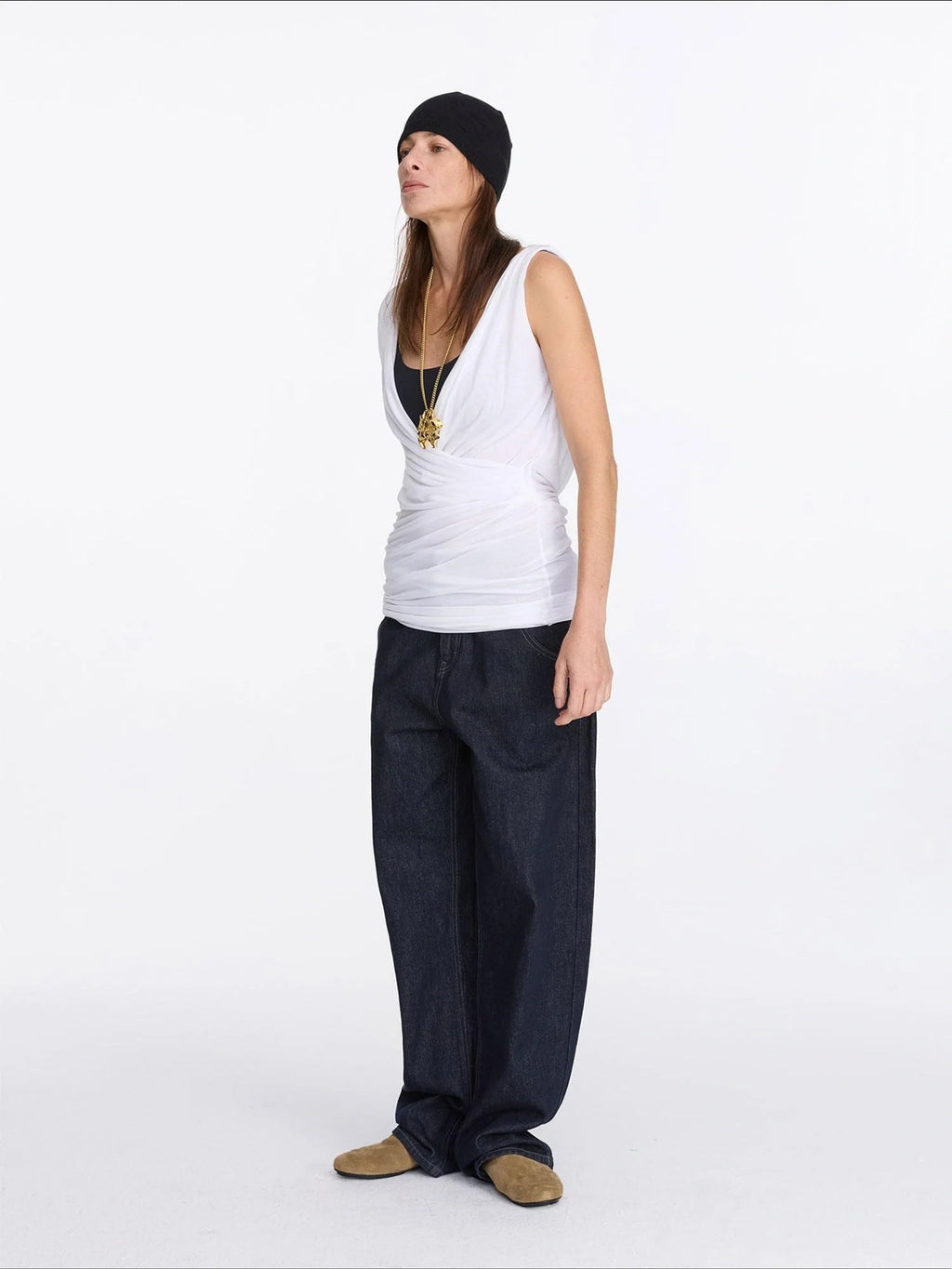 V-Neck Pleated Tank Top In Tencel