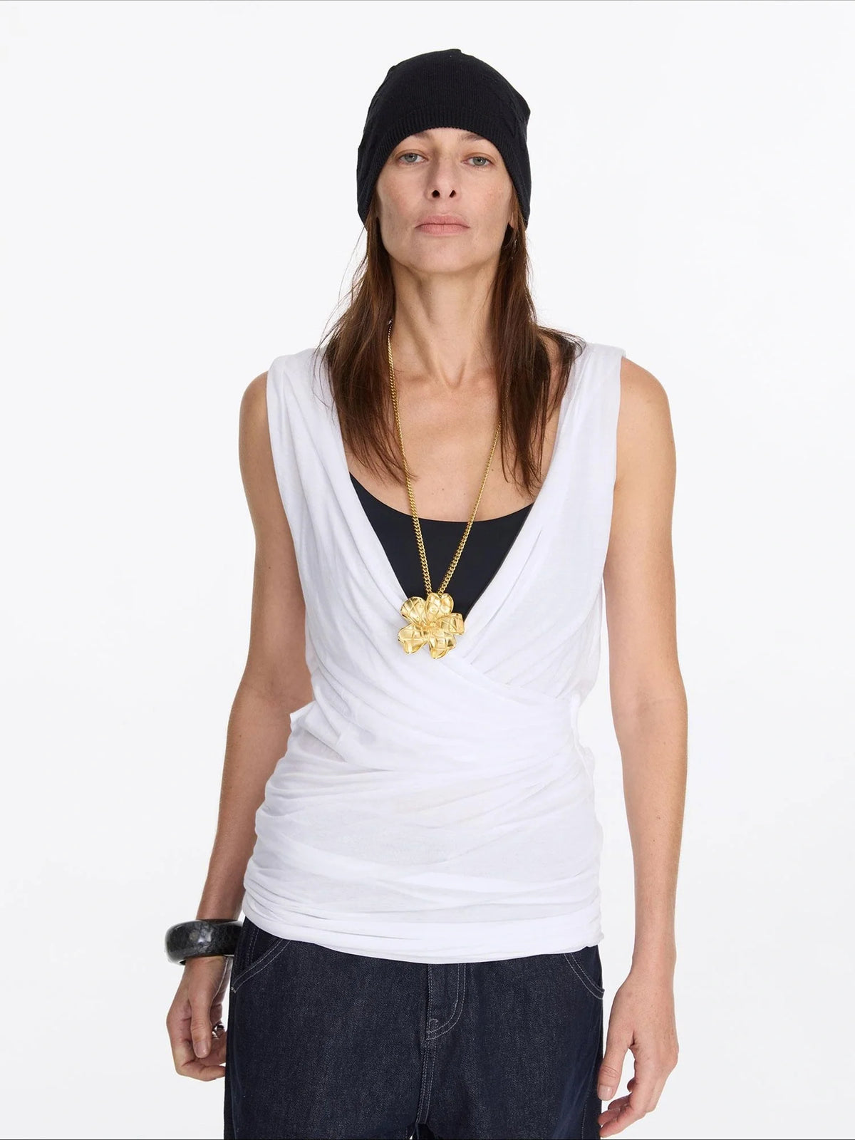 V-Neck Pleated Tank Top In Tencel