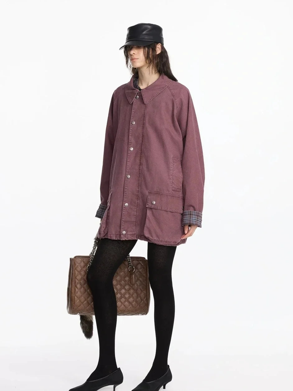 Vintage Plaid Washed Work Jacket In Purple