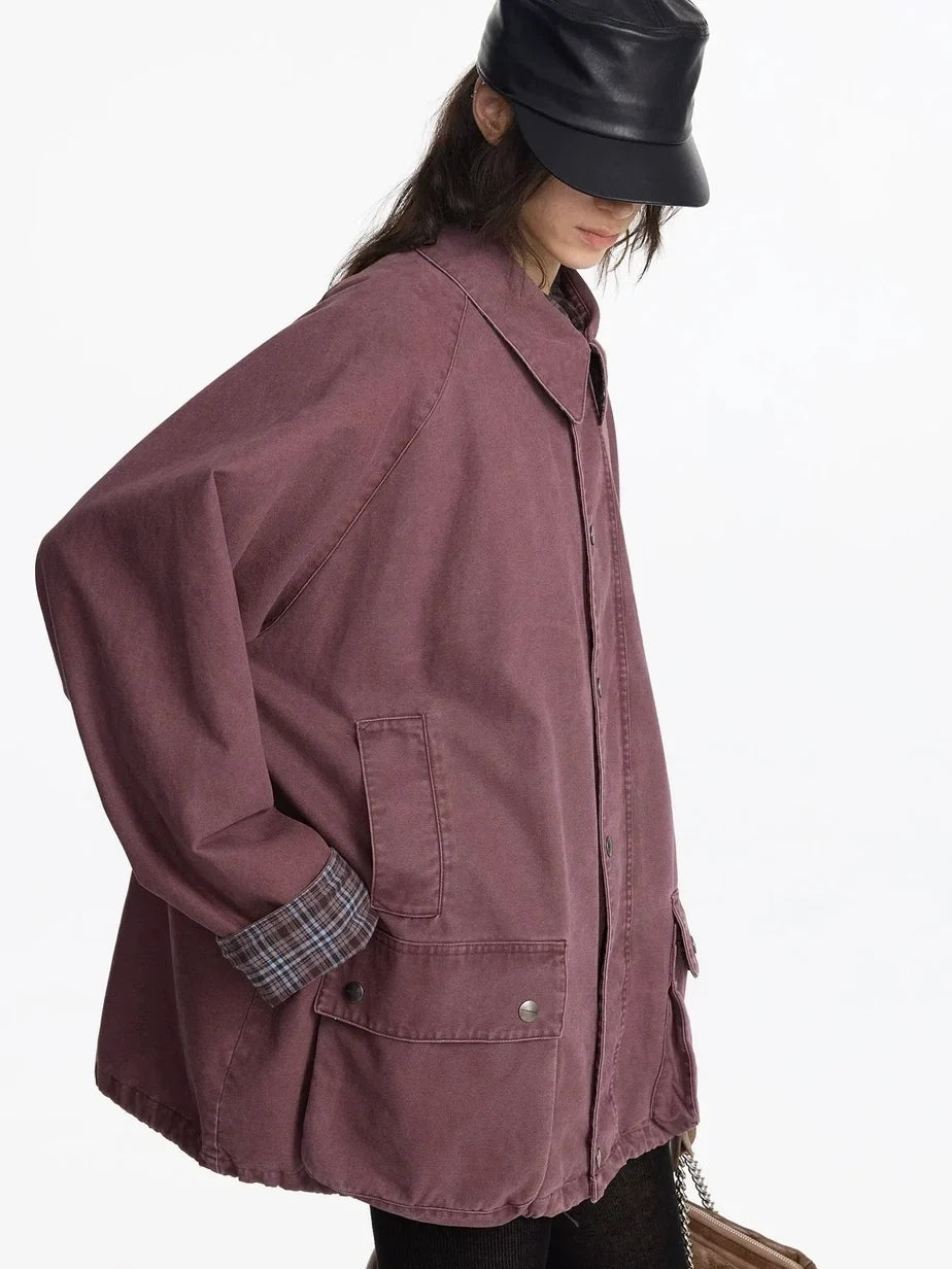 Vintage Plaid Washed Work Jacket In Purple