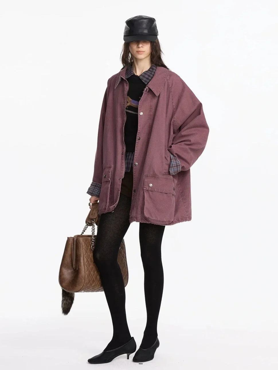 Vintage Plaid Washed Work Jacket In Purple