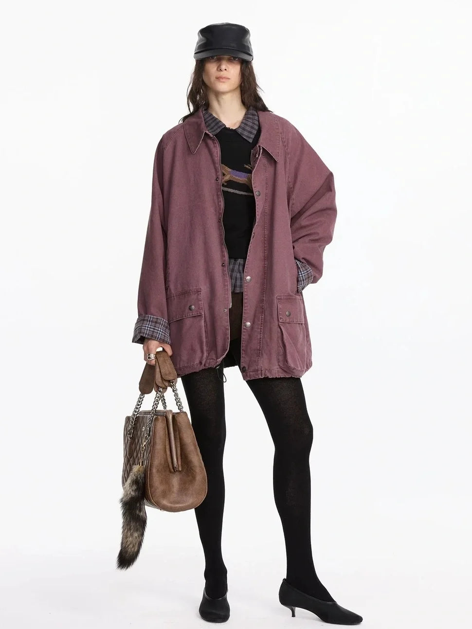 Vintage Plaid Washed Work Jacket In Purple