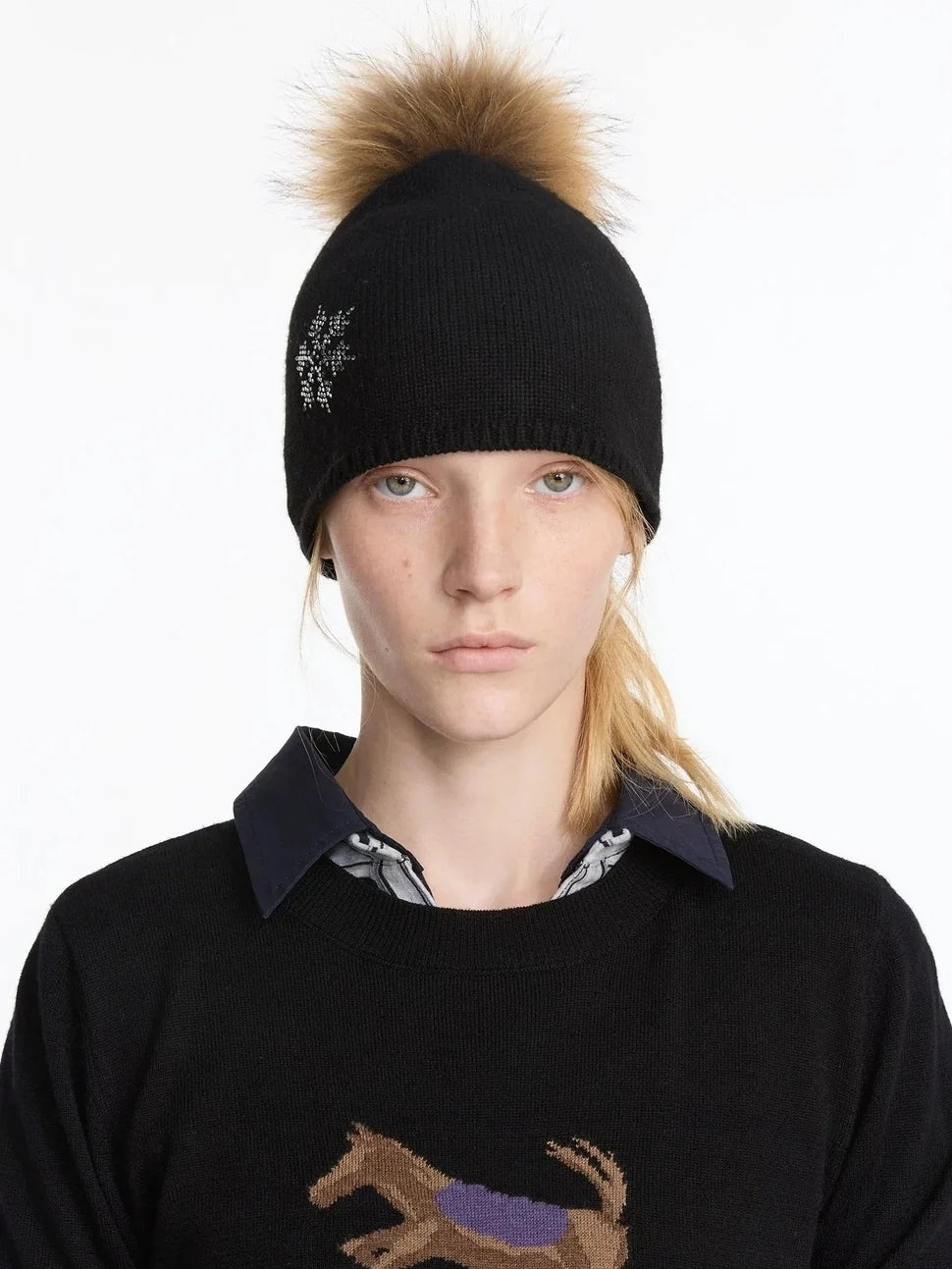 Vintage Snowflake Beanie With Detachable Fox Fur Pom
