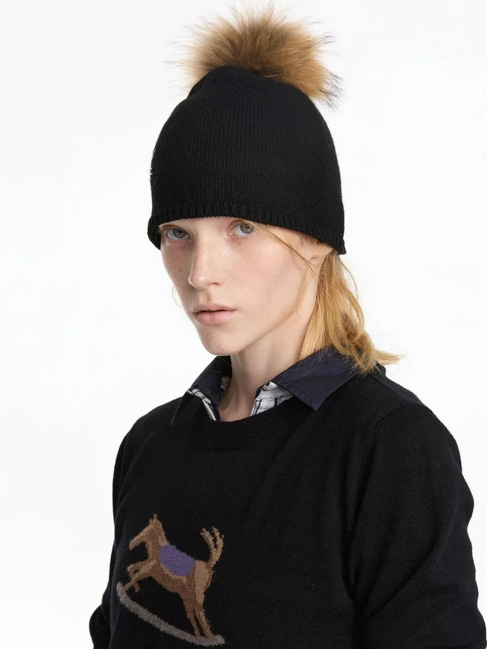 Vintage Snowflake Beanie With Detachable Fox Fur Pom