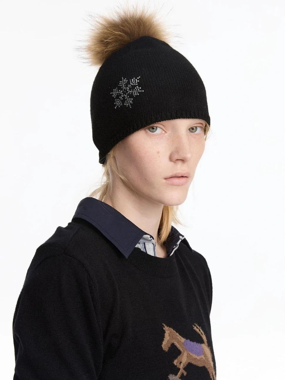 Vintage Snowflake Beanie With Detachable Fox Fur Pom