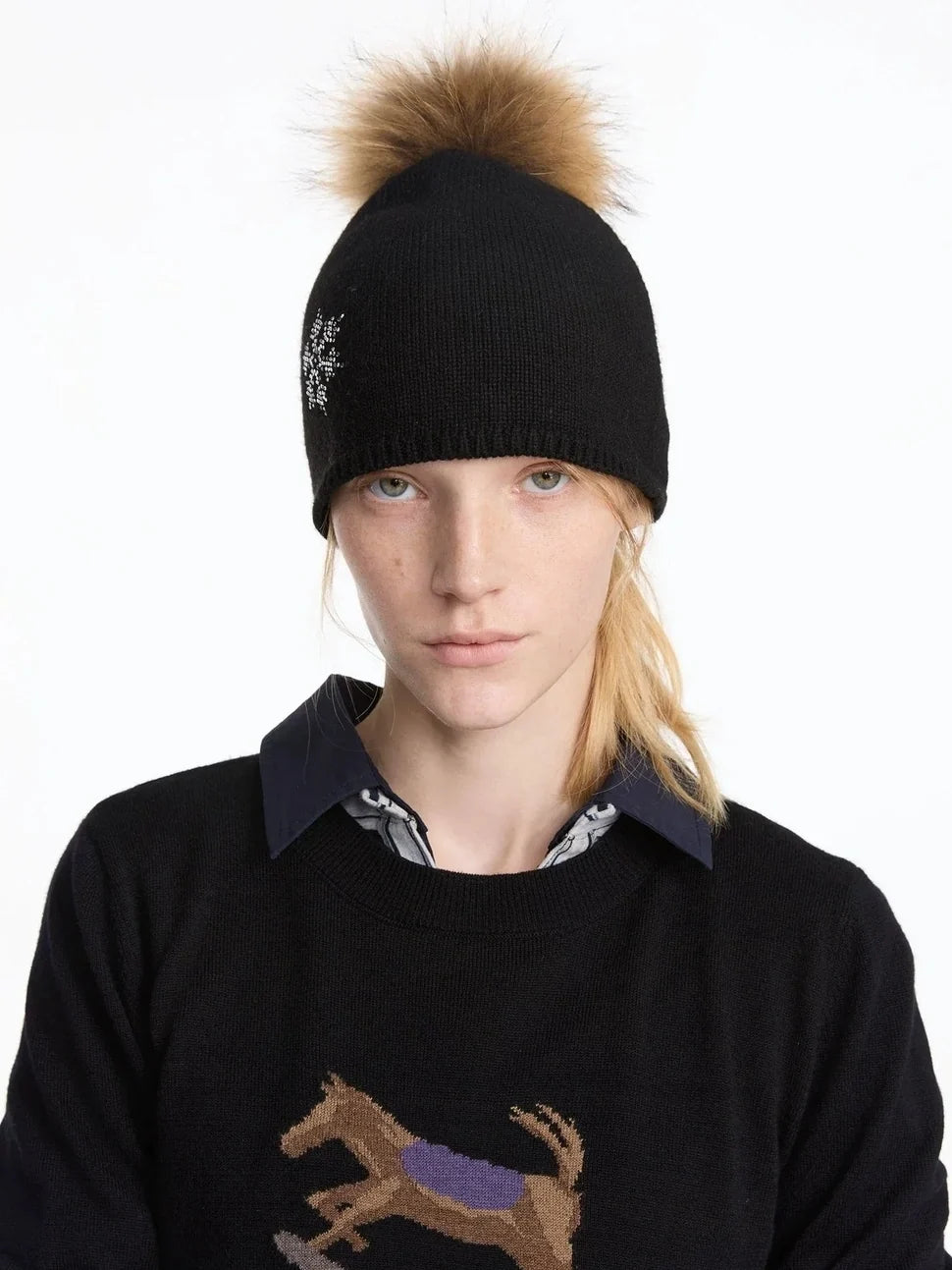 Vintage Snowflake Beanie With Detachable Fox Fur Pom