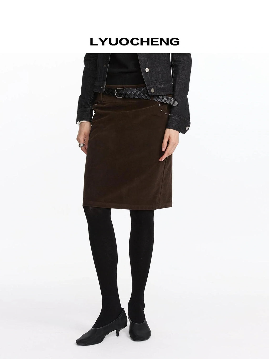 Vintage Suede Straight Denim Skirt With Rivets