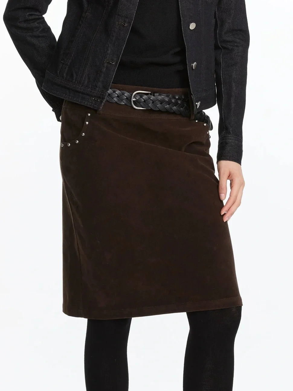 Vintage Suede Straight Denim Skirt With Rivets