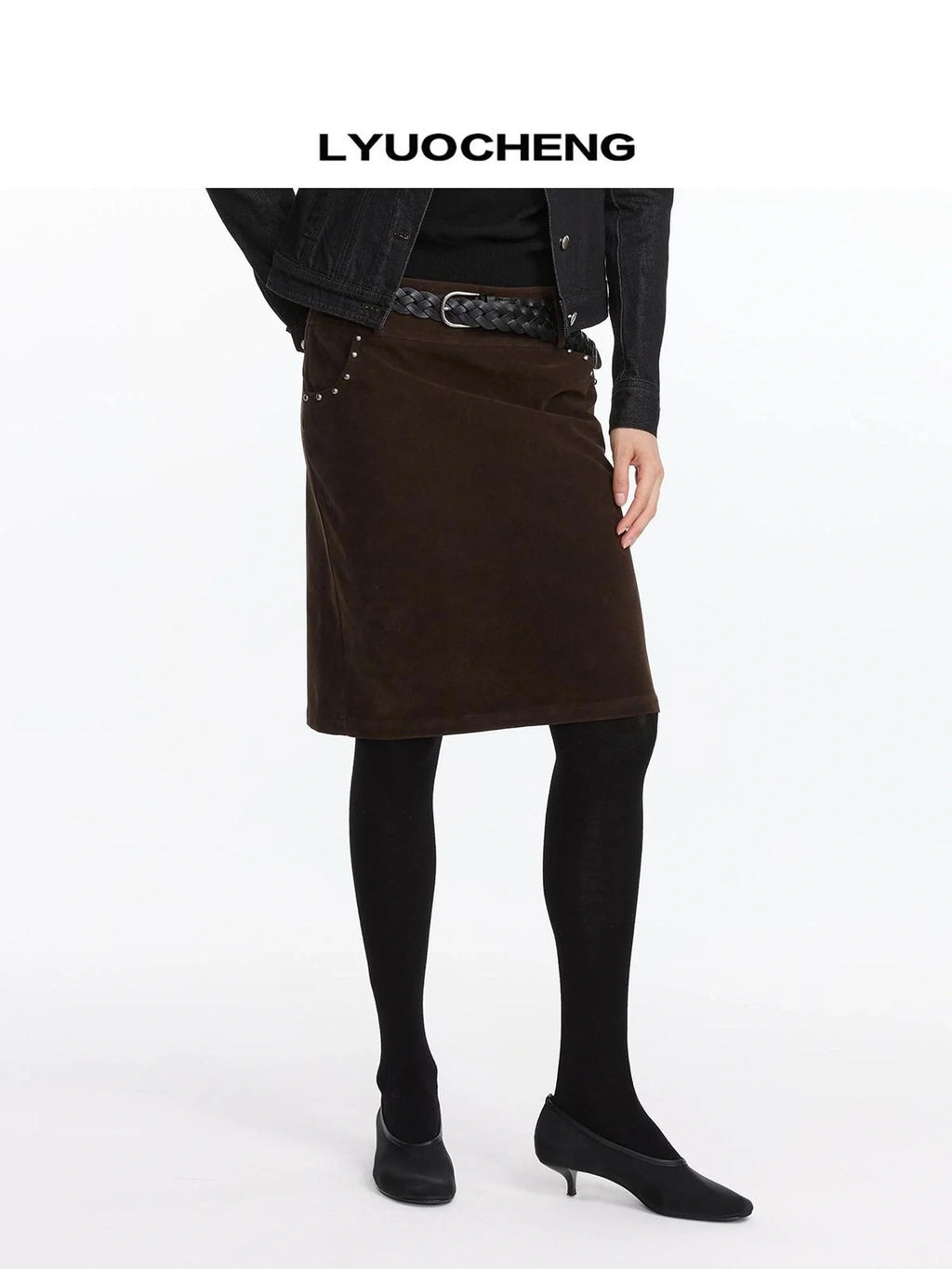 Vintage Suede Straight Denim Skirt With Rivets