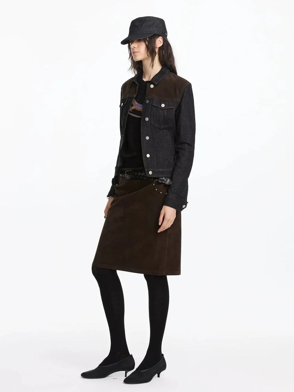 Vintage Suede Straight Denim Skirt With Rivets