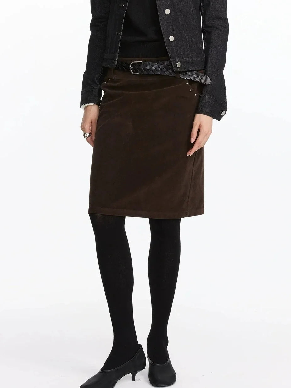 Vintage Suede Straight Denim Skirt With Rivets