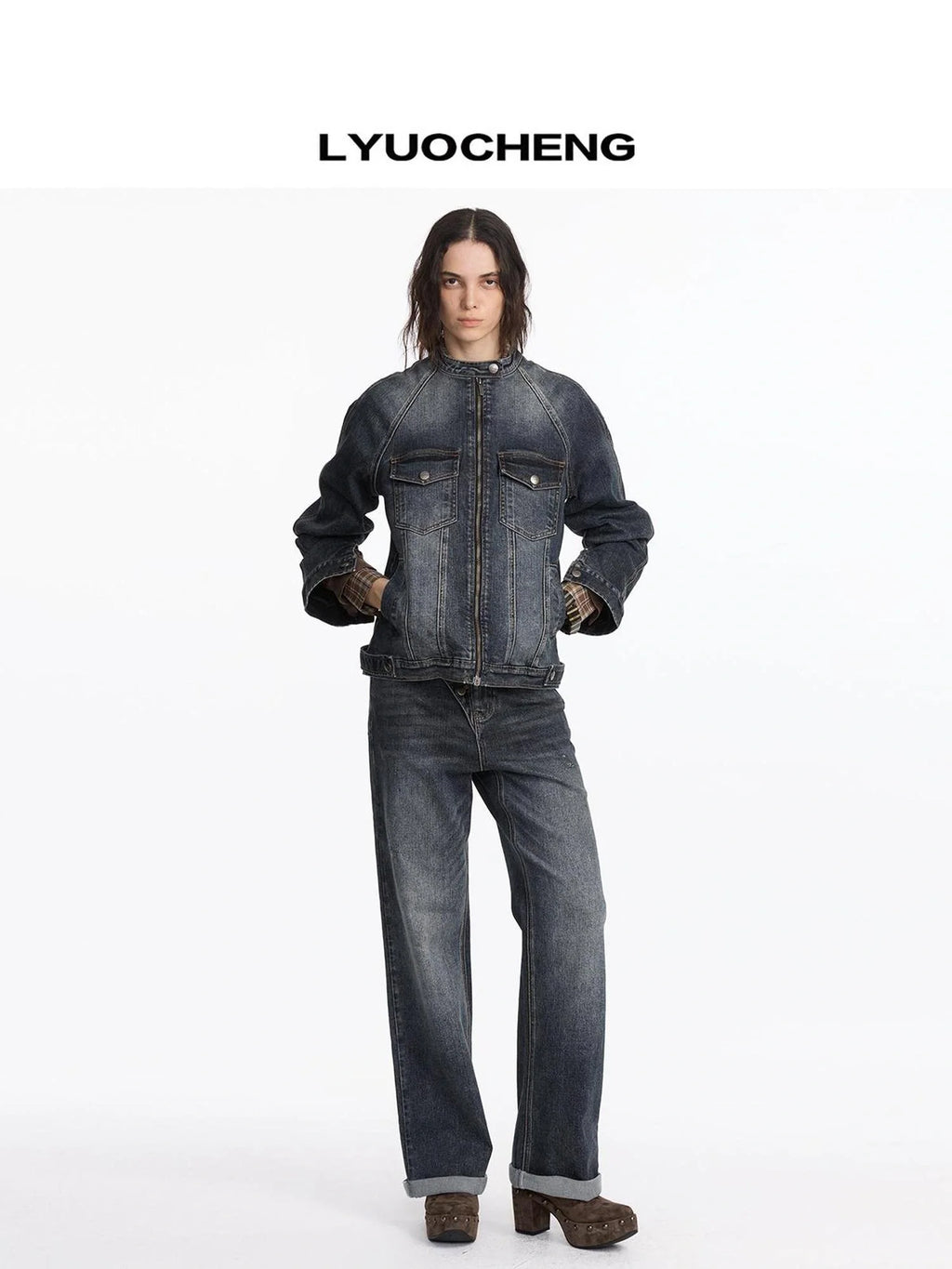 Vintage Washed Denim Jacket With Bamboo Texture