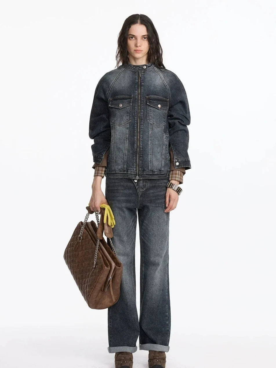 Vintage Washed Denim Jacket With Bamboo Texture