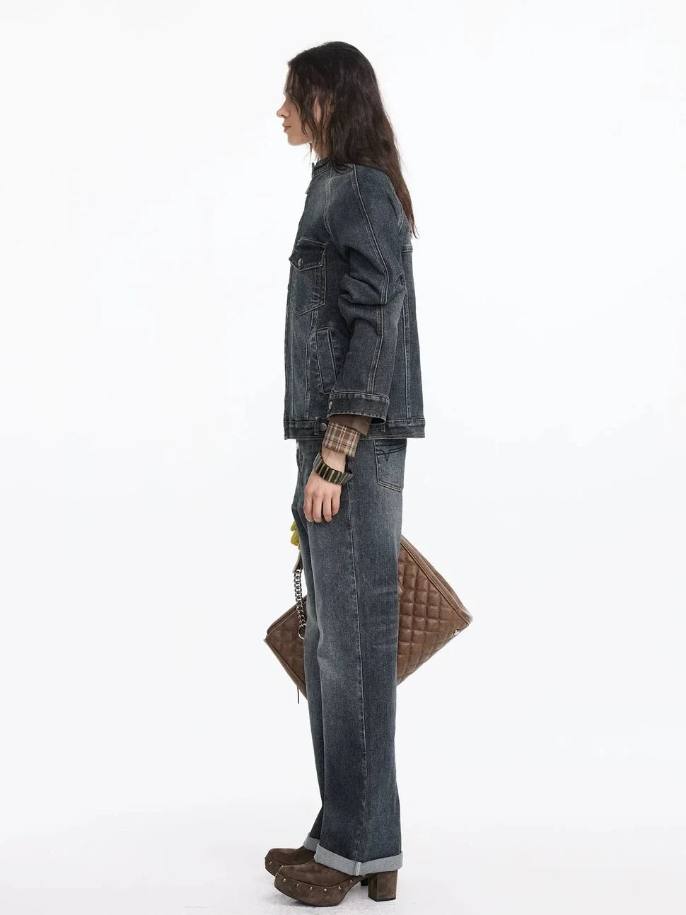 Vintage Washed Denim Jacket With Bamboo Texture