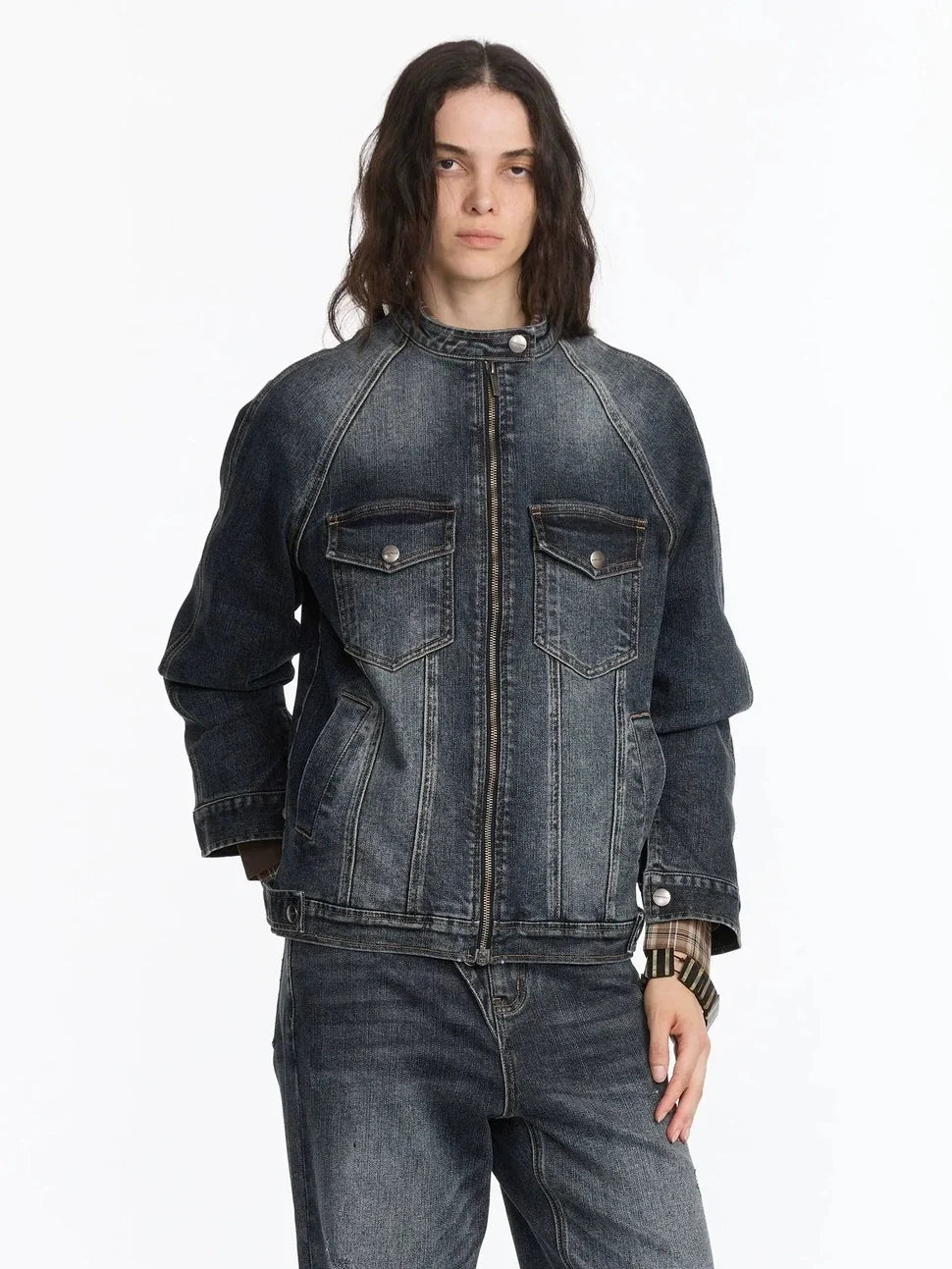 Vintage Washed Denim Jacket With Bamboo Texture