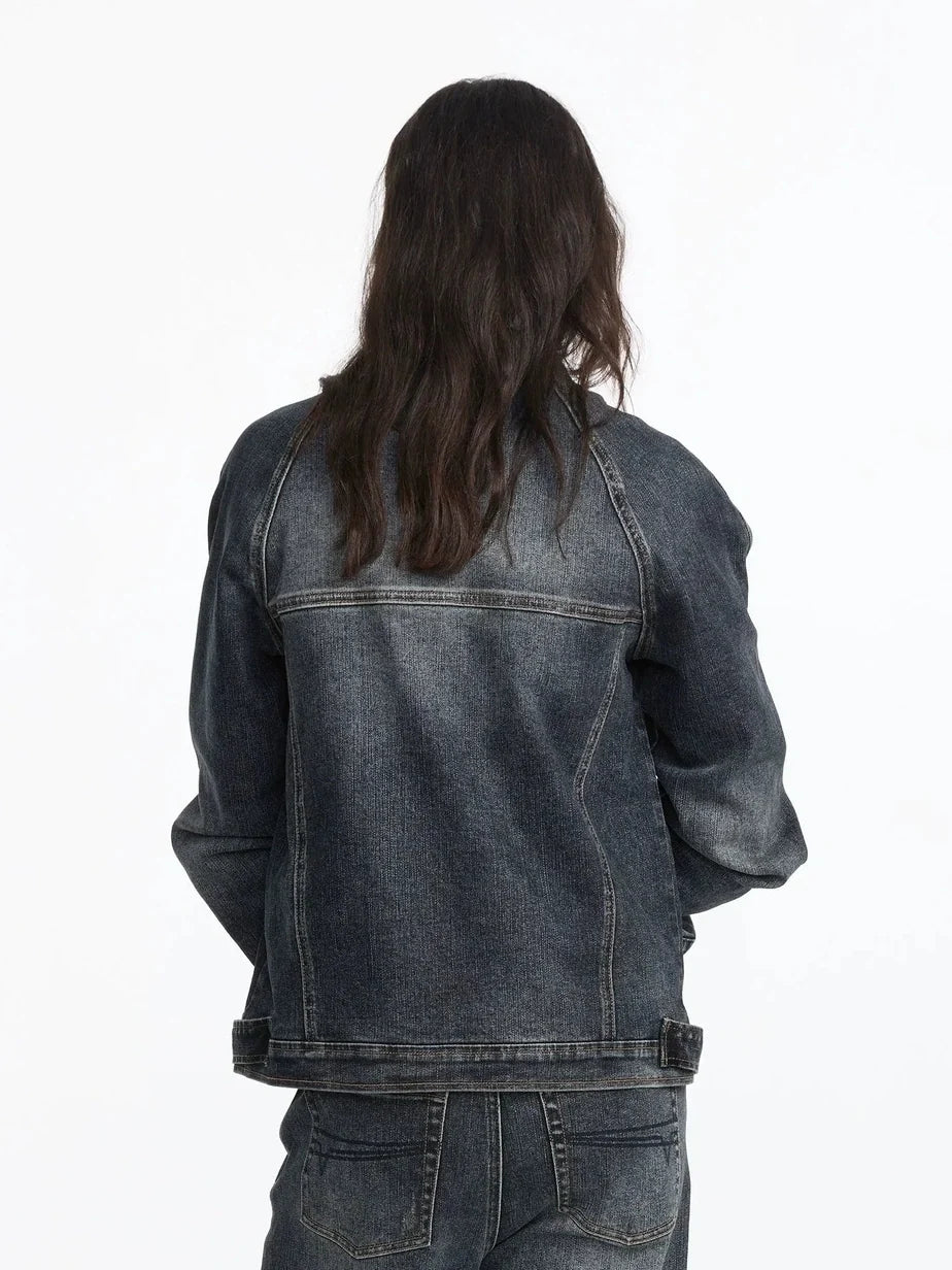 Vintage Washed Denim Jacket With Bamboo Texture