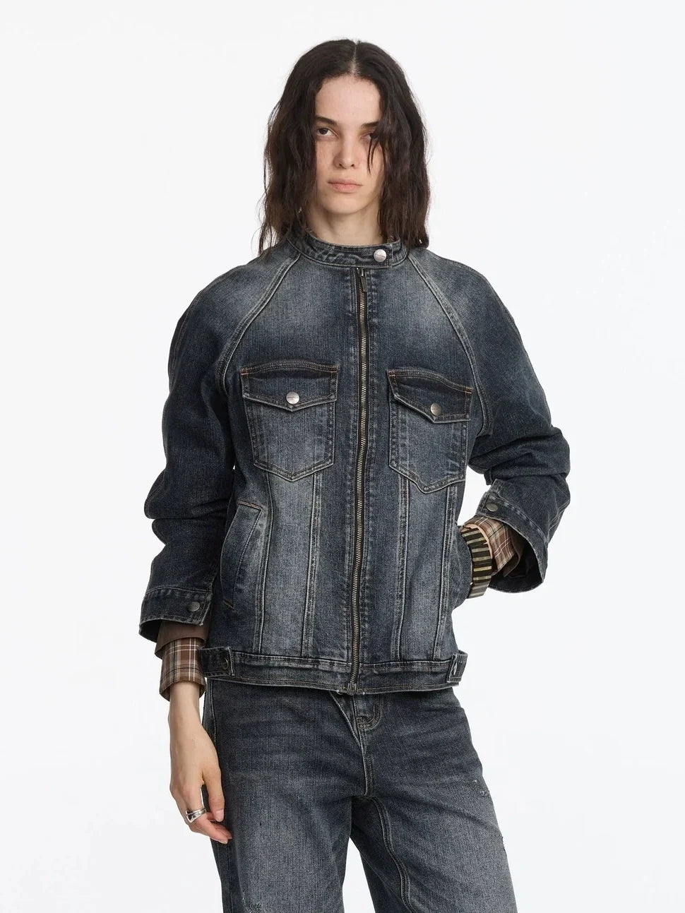 Vintage Washed Denim Jacket With Bamboo Texture