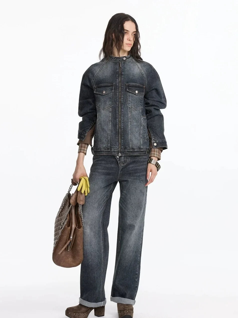 Vintage Washed Denim Jacket With Bamboo Texture