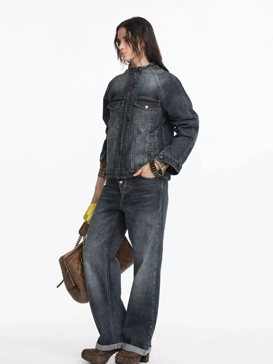 Vintage Washed Denim Jacket With Bamboo Texture