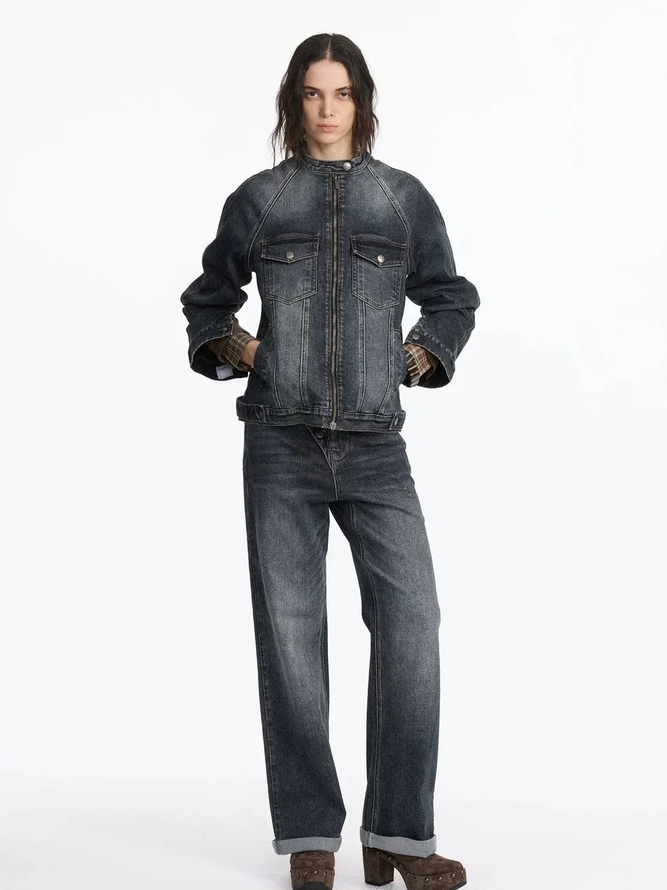 Vintage Washed Denim Jacket With Bamboo Texture
