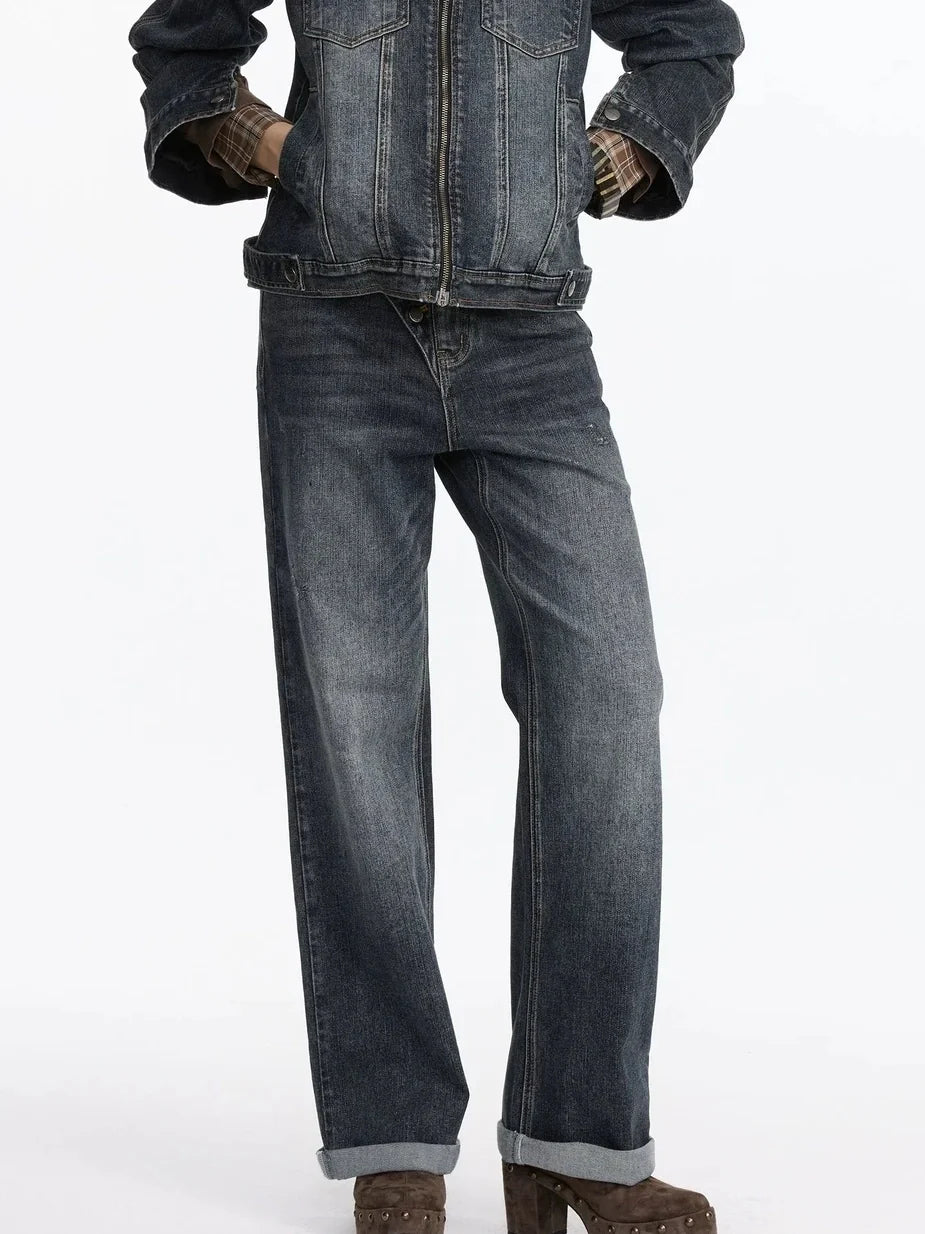 Vintage Washed Turn Up Straight Leg Jeans