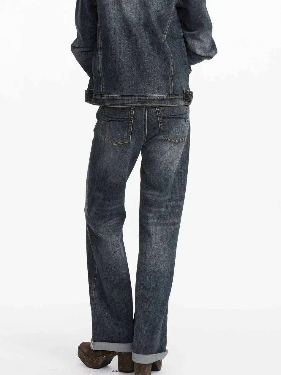 Vintage Washed Turn Up Straight Leg Jeans