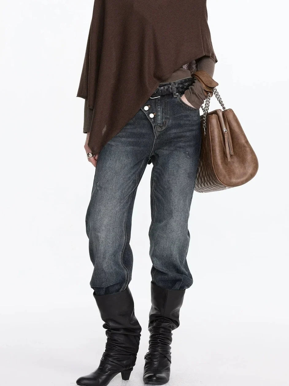 Vintage Washed Turn Up Straight Leg Jeans