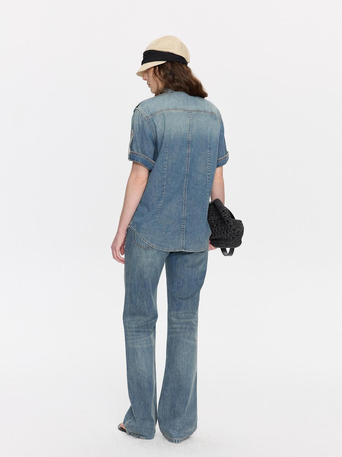 Washed Blue Distressed Low Waist Women's Cotton Lyocell Straight-leg Jeans