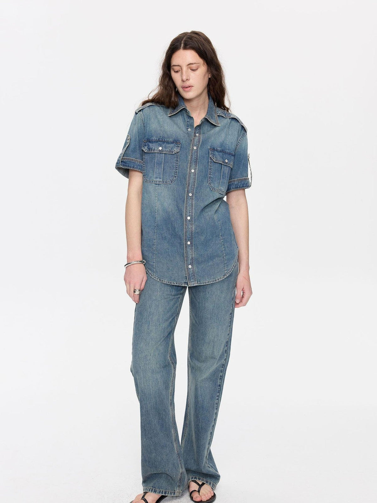 Washed Blue Distressed Low Waist Women's Cotton Lyocell Straight-leg Jeans
