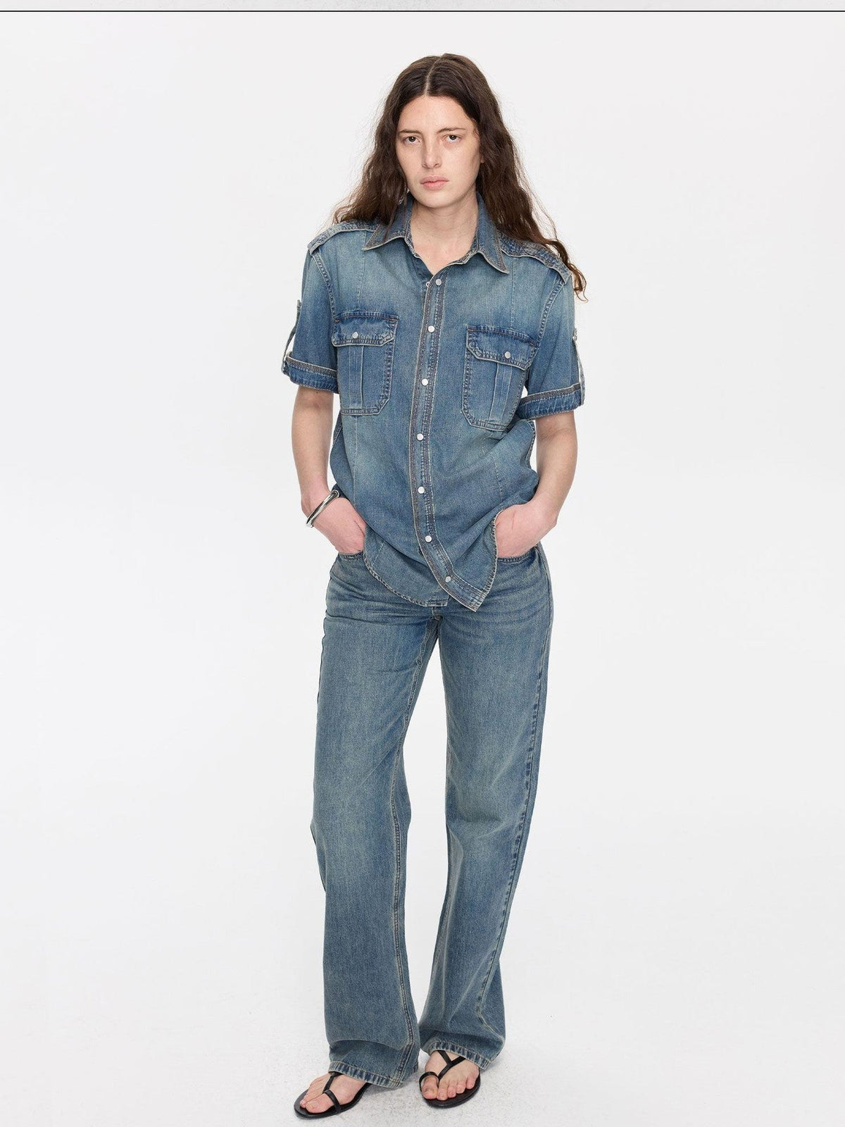 Washed Blue Distressed Low Waist Women's Cotton Lyocell Straight-leg Jeans