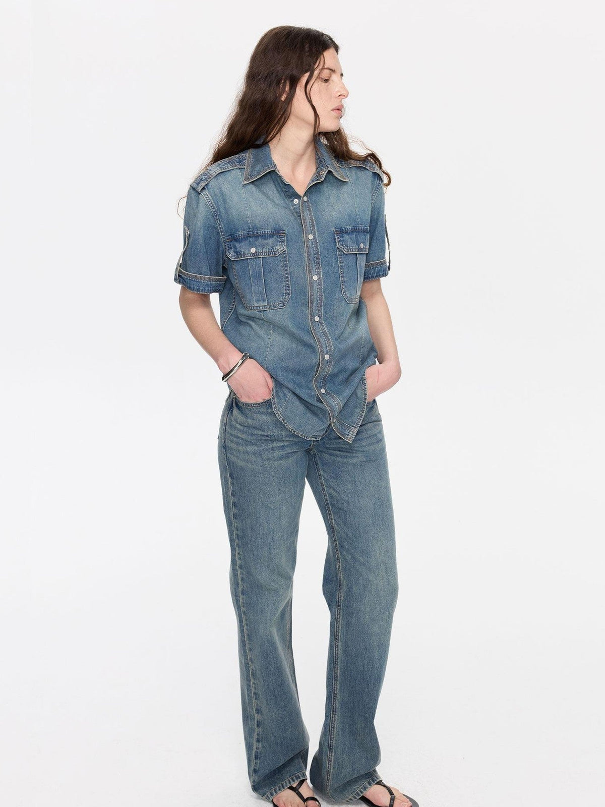 Washed Blue Distressed Low Waist Women's Cotton Lyocell Straight-leg Jeans